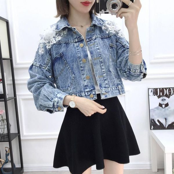 

autumn korean version of three-dimensional hong kong spring and flower embroidery chain tassel loose bat sleeve denim women's jackets, Black;brown