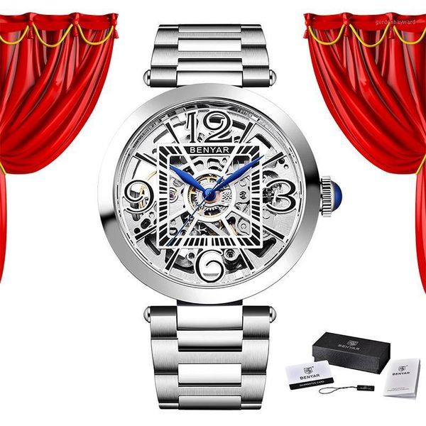 

wristwatches 2021 benyar luxury men's watch brand automatic mechanical watches business stainless steel waterproof, Slivery;brown