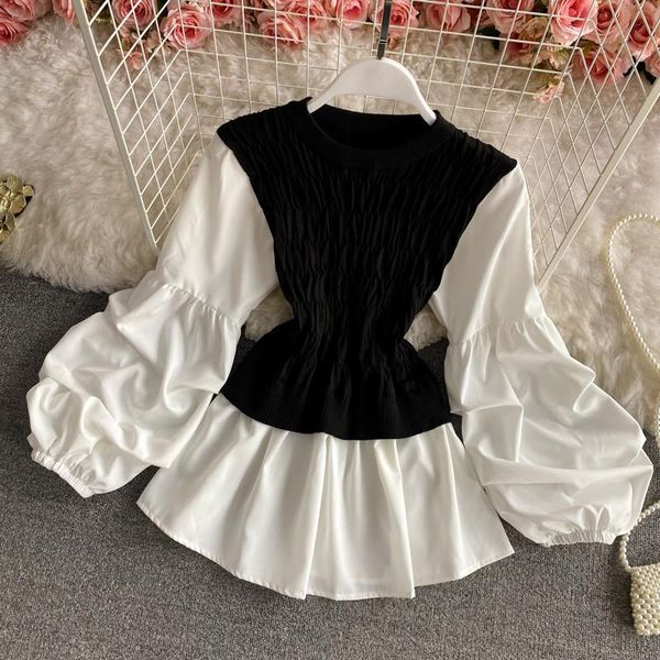 

women's blouses & shirts 2021 spring and autumn fake two-piece blouse female slim slimming lantern sleeve blusa wild stitching knitted, White