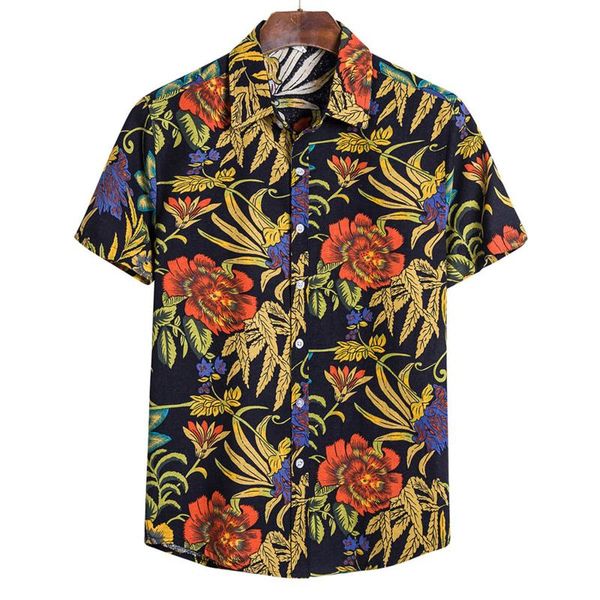 

men's casual shirts vintage ethnic printed men shirt short sleeve button loose blouse lapel streetwear korean style camisa, White;black