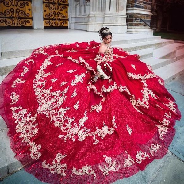 Luxurious escuro vermelho lantejoulas vestido de bola quinceanera vestidos com laço de ouro plus tamanho varrer trem formal vestidos de festa doces 16 vestido vestidos de 15 años