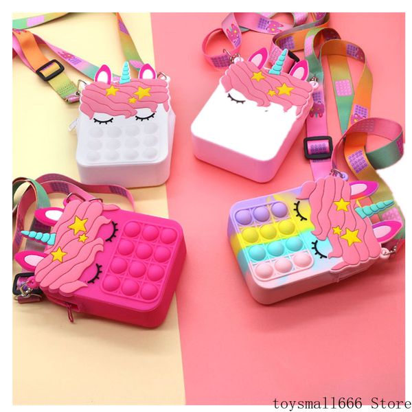 

wholesale unicorn type style ladies coin bag fidget toy rainbow colour push kawaii simple dimple bubbles toy purse children toys dhl