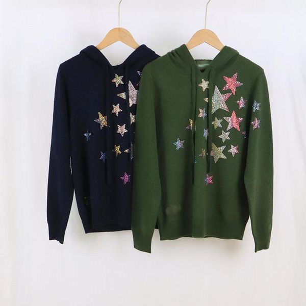 

women's sweaters women sweater autumn and winter models 2021 colorful star rhinestone long-sleeved pullover hat casual 100% cashmere kn, White;black