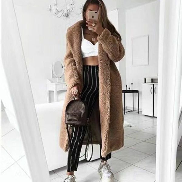 

women's fur & faux ladies casual loose solid color long warm teddy coat retro large size thick fashion in autumn and winter, Black