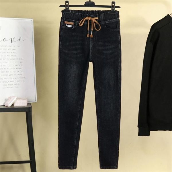 

women's jeans 2021 for winter pant oversize fat sister plus velvet korean elastic high waist denim warm, Blue
