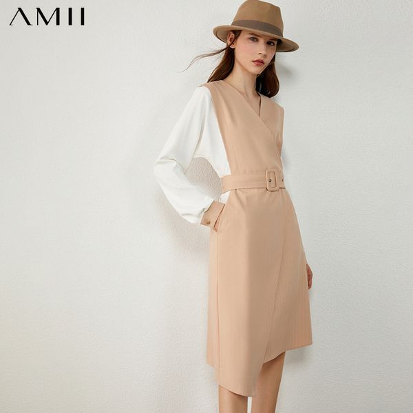 

amii minimalism autumn fashion olstyle women dress spliced vneck high waist belt women dress knee-length female dress 12030436, Black;gray