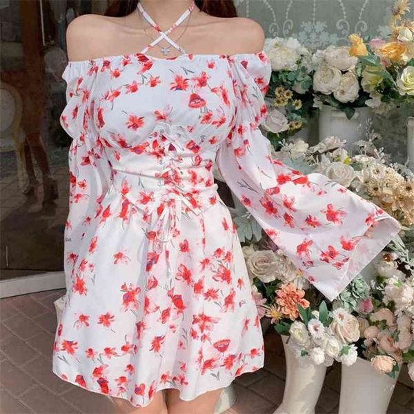 Moda Donna Sexy Halter Flower Print Abito in chiffon Estate manica lunga Vita alta Casual Beach Party con cintura 210519