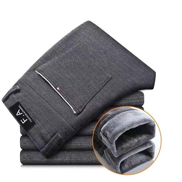 

men's pants fleece warm autumn winter thicken business trousers clothing all-match straight slim casual plaid, Black