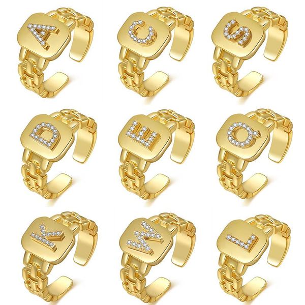 

a-z alphabet initials cz women ring letters gold color open cuff lady finger wedding punk chunky adjustable signet trendy rings, Slivery;golden