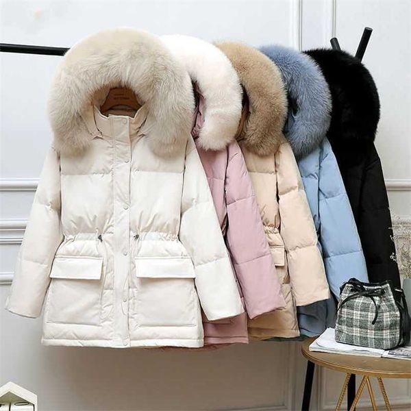 

white duck down coat winter women fashion hooded real fur collar thicken warm feather clothing female parka overcoat 210930, Black