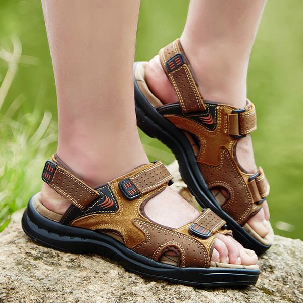 

genuine leather summer beach sandalias fashion outdoor casual sneakers, Black
