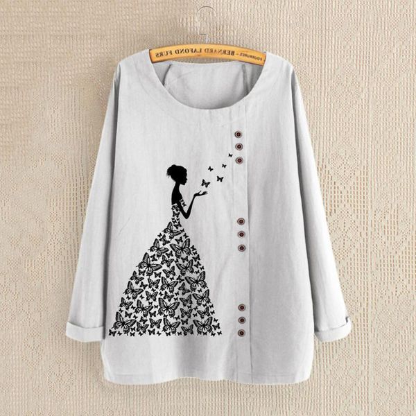 

large size women linen blouse autumn fashion print long sleeve shirts cotton o-neck shirt tallas grandes mujer women's blouses &, White