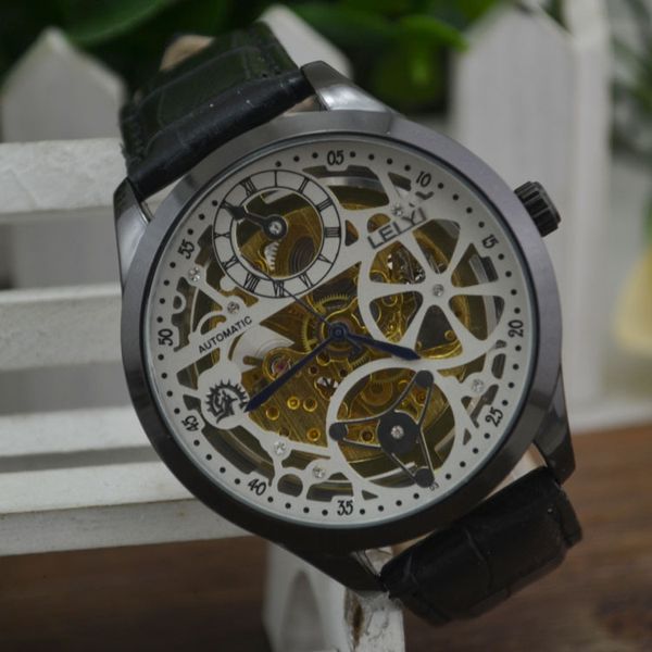 

new fashion hollow large dial men's steel band mechanical watch, Slivery;brown