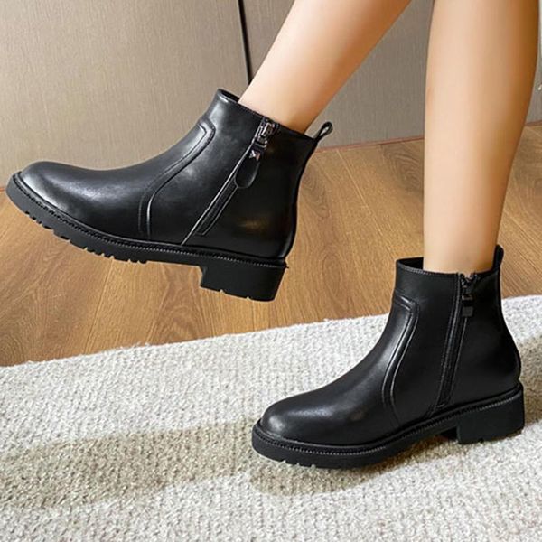 

boots women's autumn and winter 2021 british style round toe flat ankle side zipper shoes, Black