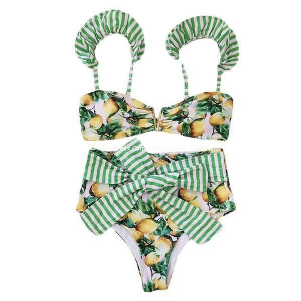 

one-piece suits women 2pcs boho lemon print bikini set ruffled bra tie waist thong swimsuit dropship