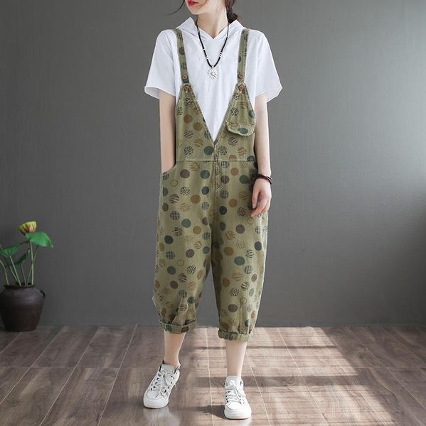 

women's jumpsuits & rompers summer denim women casual dot print loose female calf-length pants fashion, Black;white