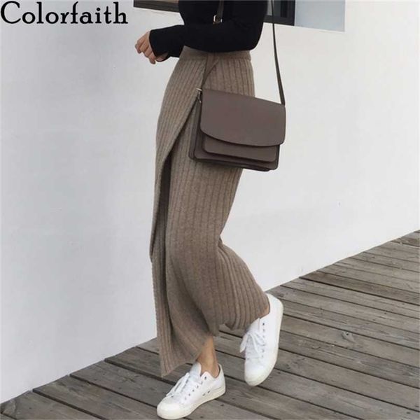 

colorfaith autumn winter women skirts knitting straight korean style split harajuku elegant vintage long sk1967 211119, Black
