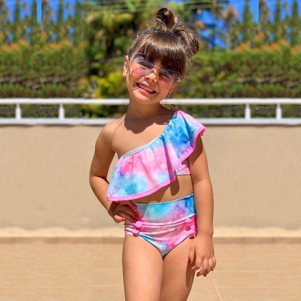 

summer toddler baby girls tie-dye ruffle swimwear one shoulder bathing suit bikini set swimsuit kids for biquini one-pieces, Black
