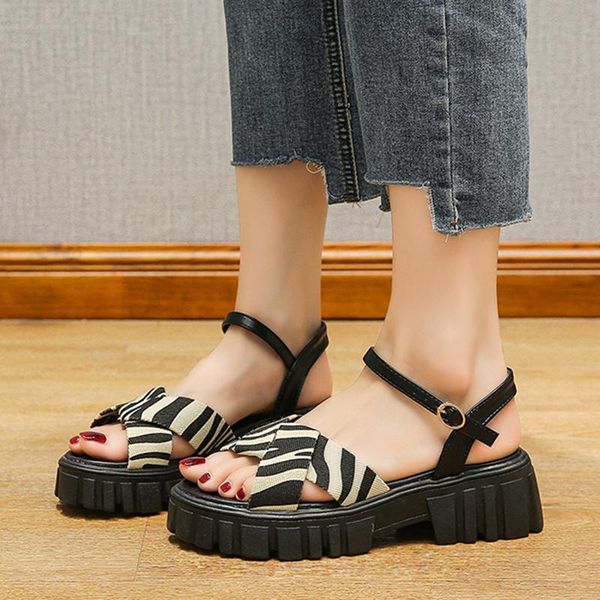 

dress shoes lucyever 2021 zebra pattern square heels sandals women ankle strap platform woman casual non slip beach mujer, Black