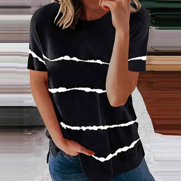

women's t-shirt ladies color striped print stitching short-sleeved round neck loose casual tees summer 2021 basic 90s, White