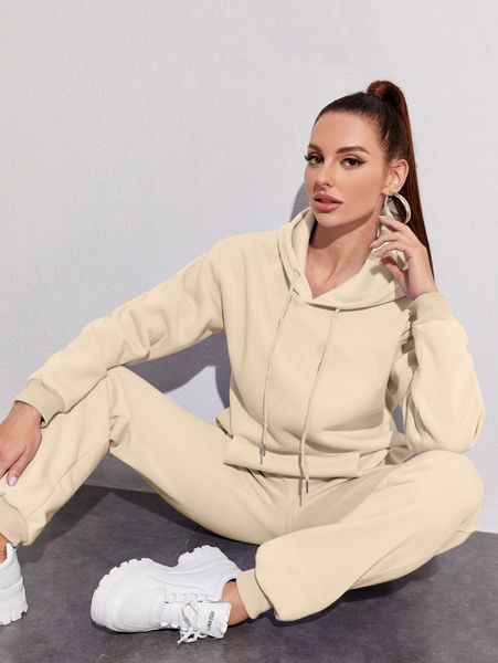 

drawstring drop shoulder thermal lined hoodie & sweatpants s61g#, White