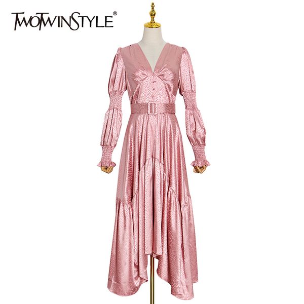 Twotwinstyle elegante túnica vestido rosa para as mulheres v pescoço de manga comprida cintura alta com faixas irregular hem maxi vestidos feminino 210517