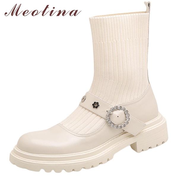 

boots meotina genuine leather women shoes sock thick med heel ankle round toe buckle crystal ladies autumn beige, Black