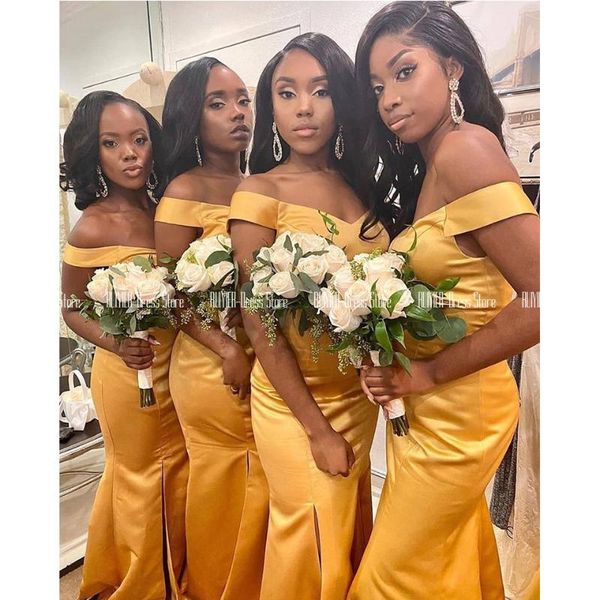 

bridesmaid dress gold yellow v-neck lady honor african women off the shoulder lace up back side split dresses prom gowns, White;pink
