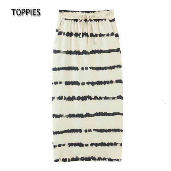

high waist straight skirts tie dye drawstring long fashion streetwear 210421, Black