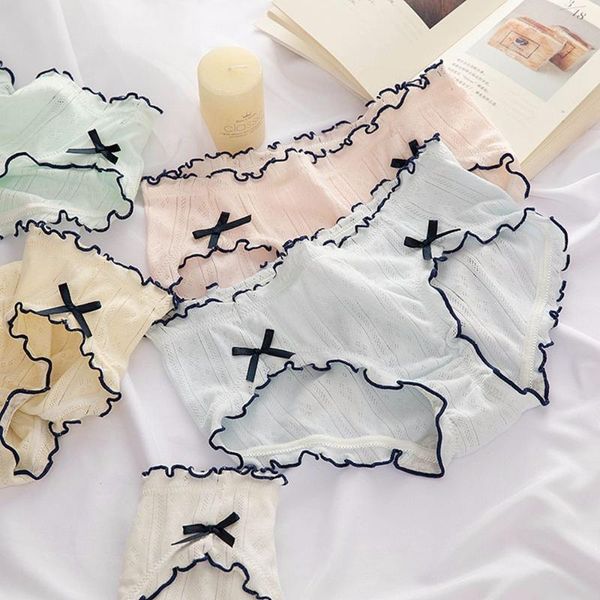 

women's panties cotton ruffles bow for women casual breathable cute cartoon underpants simple mid-waist large size briefs girls, Black;pink