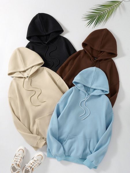 

plus 4pcs kangaroo pocket drawstring thermal hoodie 36gv#, Black