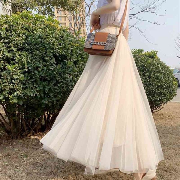 

autumn winter elegant women long midi skirt korean fashion ladies elastic high waist tulle mesh pleated tutu skirt female 210608, Black