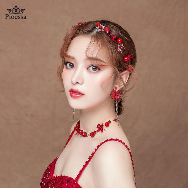 

hair clips & barrettes romantic wedding accessories noiva bridal handmade red hairband beaded flower headdress headbands jewelry with neckla, Golden;silver