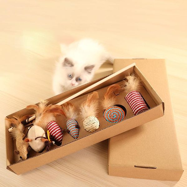 

cat toys 7set jarashi pet dog toy ball mouse feather with suzu fishing rod natural material safety chew for cats