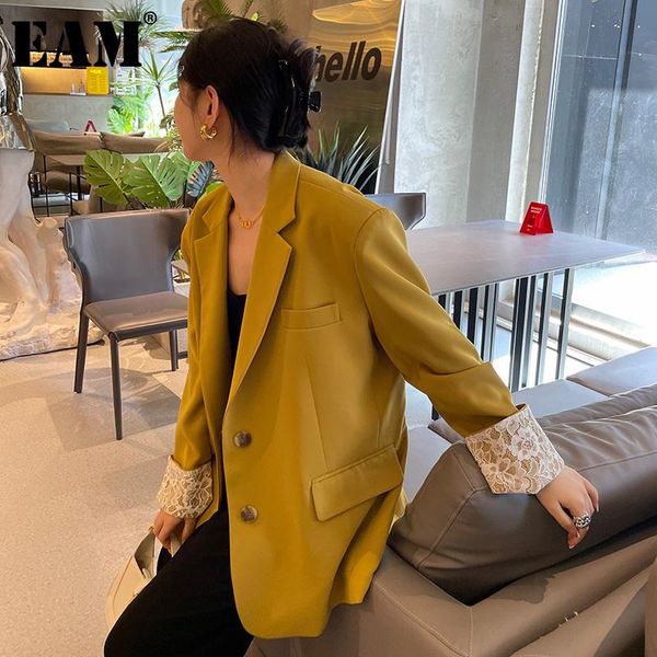 

women's suits & blazers [eam] women yellow cuff lace big size blazer lapel long sleeve loose fit jacket fashion tide spring autumn 2021, White;black