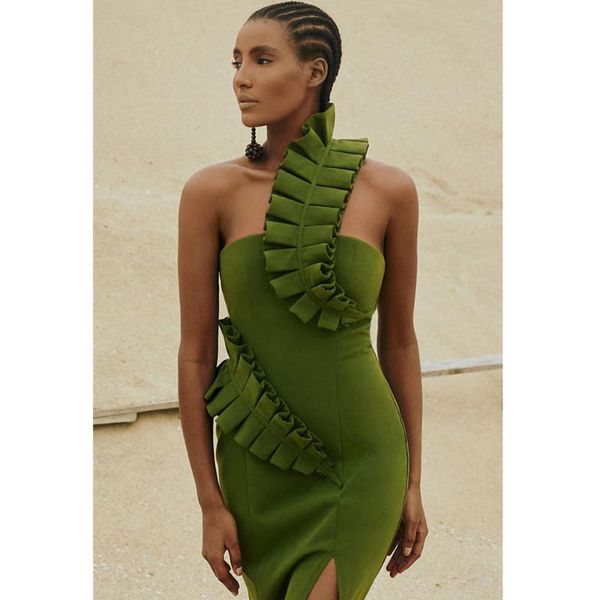 

casual dresses women one shoulder designer green red midi bodycon bandage dress 2021 elegant chic evening party vestidos, Black;gray