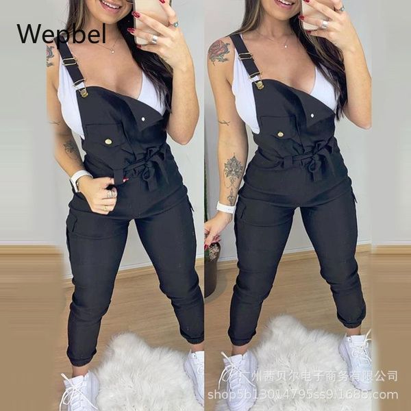 

wepbel casual trousers high waist lace up pocket sling jumpsuit women solid color pencil pants fashion ladies overalls women's & capris, Black;white