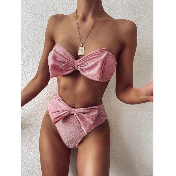 

pink bow-knot swimwear women bikini 2021 mujer high waist swimsuit shiny bandeau two piece bathing suite summer biquini women's, White;black