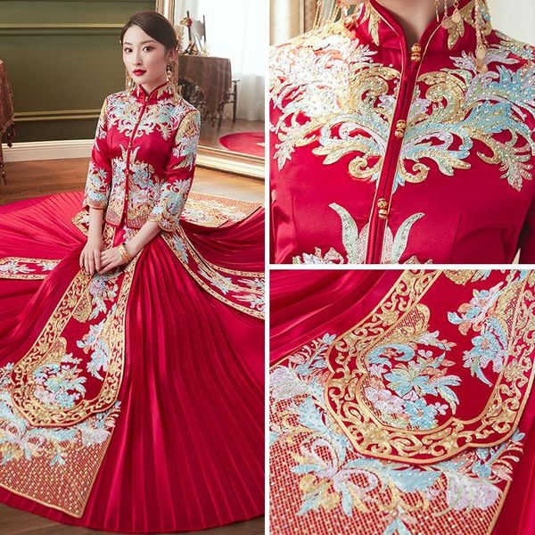

exquisite embroidery flower cheongsam chinese bride wedding dress elegant marriage qipao suit evening gowns ethnic clothing, Red
