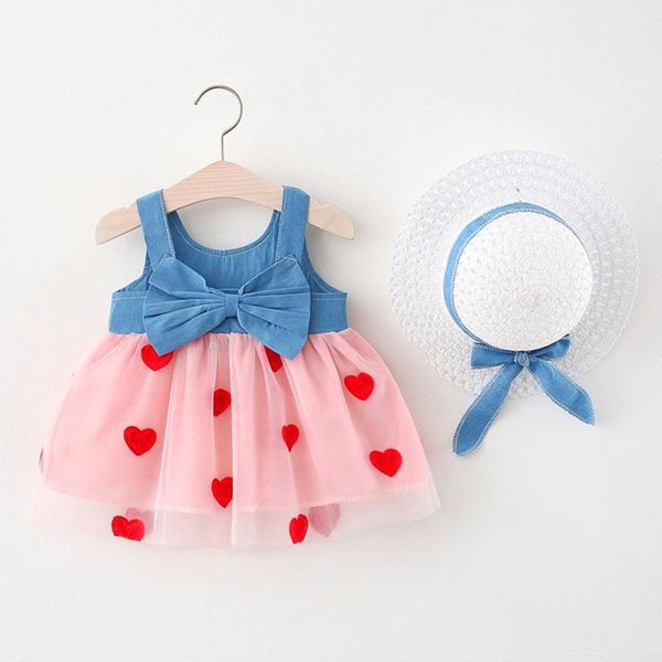 

baby girl clothes sets toddler kids girls denim heart patchwork dress straw cap hat outfits set vestiti neonata clothing, White
