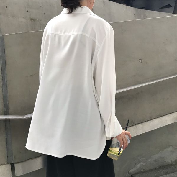 

women's blouses & shirts spring summer women simple blouse pockets single breasted casual loose solid turn-down collar female office, White