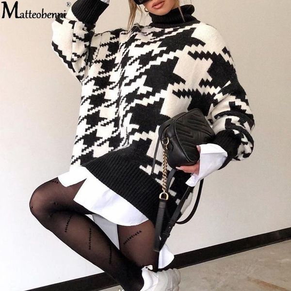 

women's sweaters autumn winter houndstooth pullover women knitted sweater casual loose long sleeve turtleneck fashion warm black white, White;black