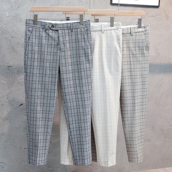 

men's suits & blazers classic plaid casual pants 2021 summmer business dress office social streetwear ankle length slim fit men clothin, White;black