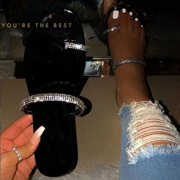 

slippers 2021 rhinestone bright diamond crystal hollow flat slide ladies open toe comfort slip on outdoor beach sandals, Black