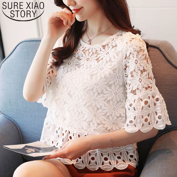

korean fashion clothing blouse ladies women shirts lace half solid o-neck flare sleeve 3110 50 210415, White