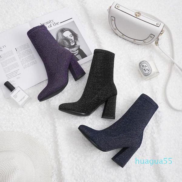 

boots big size 9 10 11 12 women shoes ankle for ladies woman winter sequined stretch sleeve 3081, Black