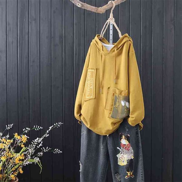 

arrival spring arts style women long sleeve loose pullovers plus size print patchwork cotton casual hooded hoodies v74 210512, Black