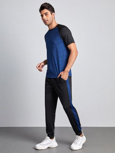 

men contrast raglan sleeve tee & sweatpants 32hk#, Gray