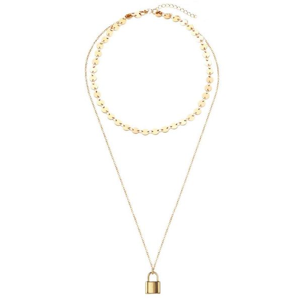 

pendant necklaces multilayer stainless steel sequin chain lock choker for women padlock jewelry gifts, Silver