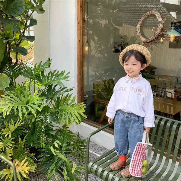 

boys girls puppy embroidery long sleeve shirts kids pure cotton embroideried collar clothes 210708, White;black